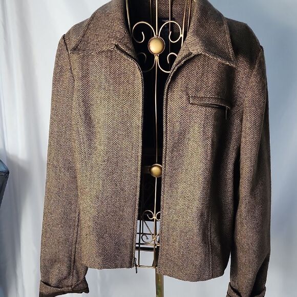 Vintage Herringbone Wool Blend Cropped Zip Up Blazer Size 10 Chocolate Brown - Picture 1 of 10